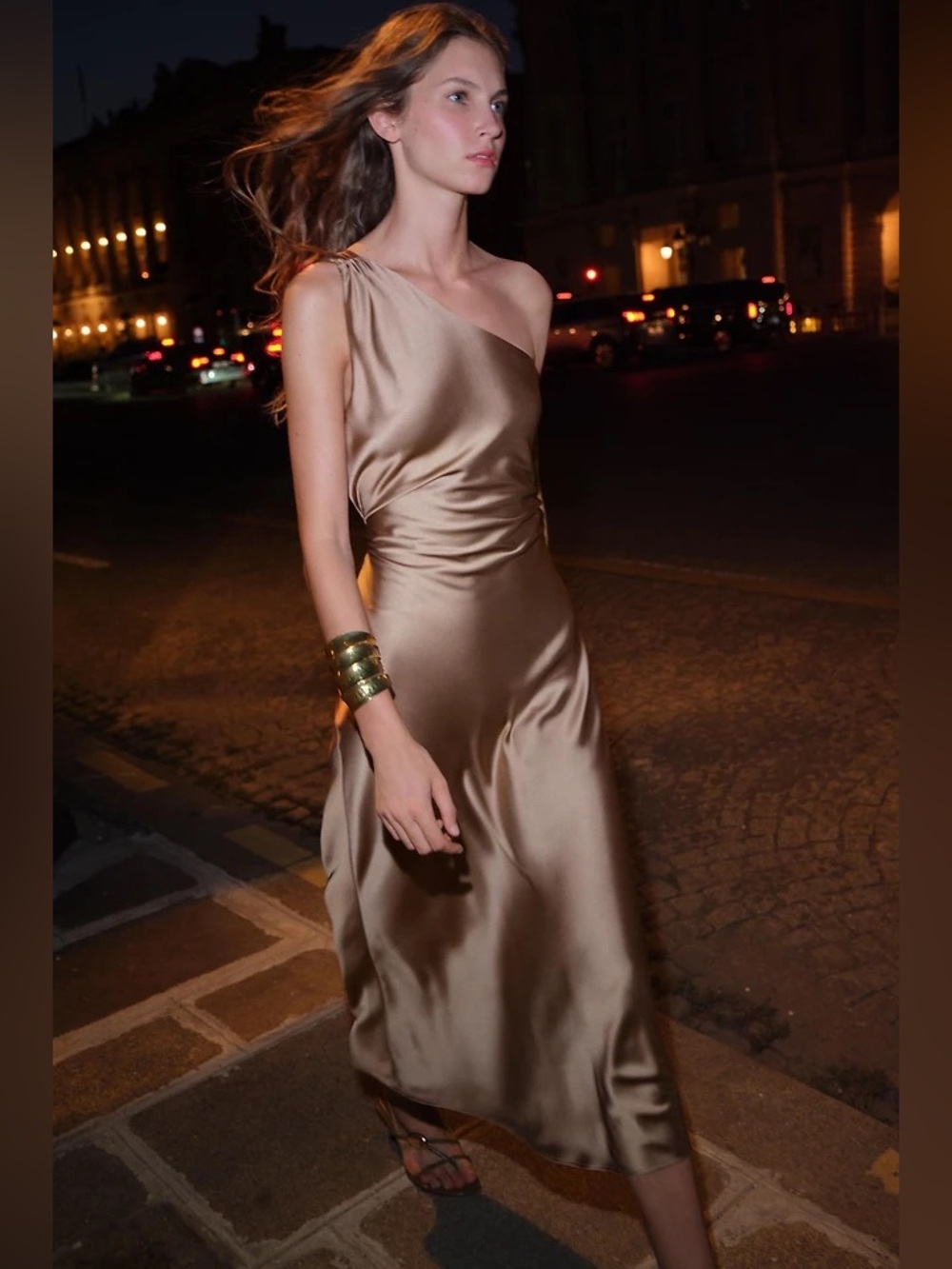 Zara NWT Brown Satin Sleeveless Asymmetric One Shoulder Cut Out Midi Dress (XS)